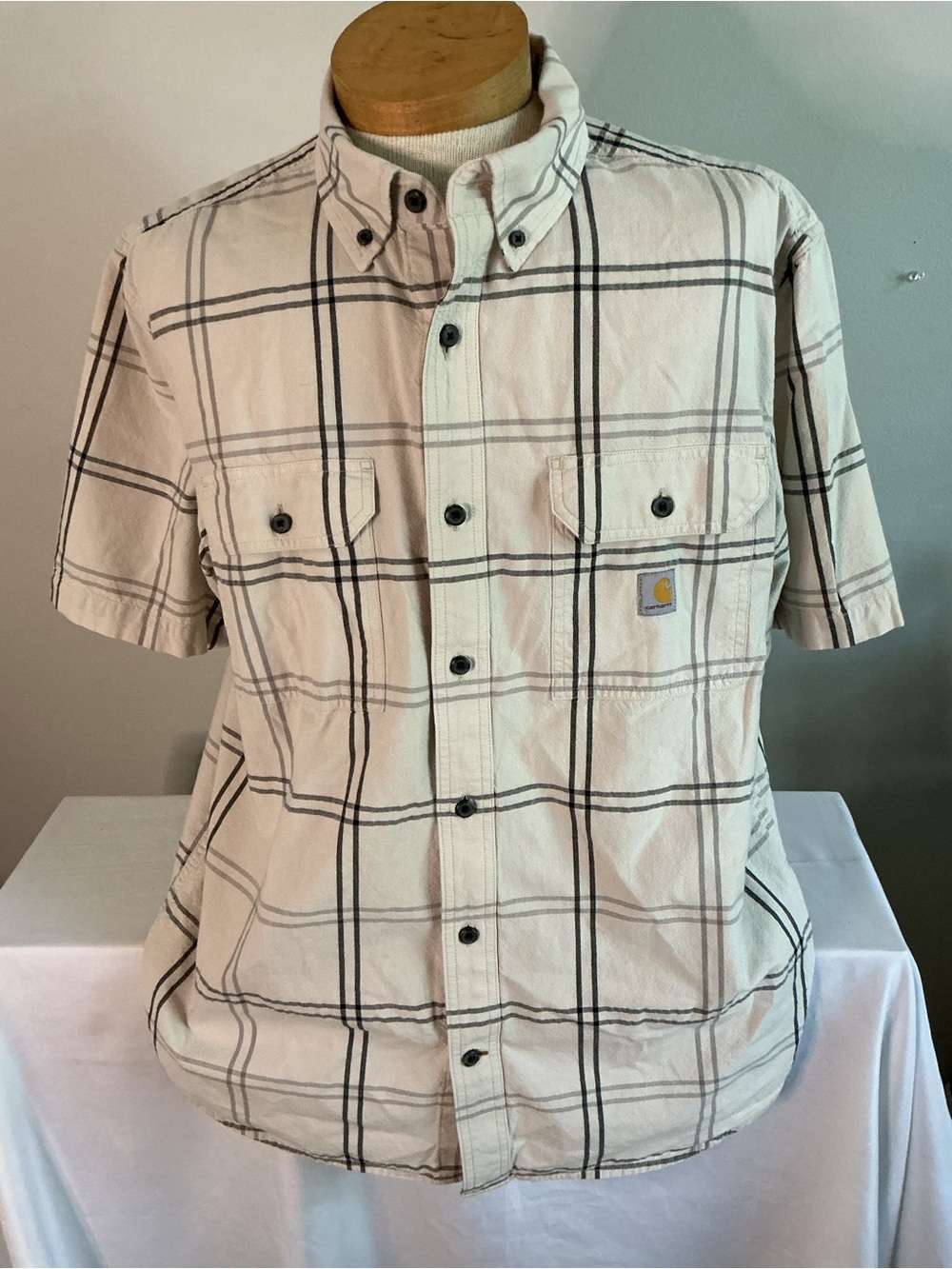 Carhartt Cream and Black Plaid Short Sleeve Button-Down Shirt